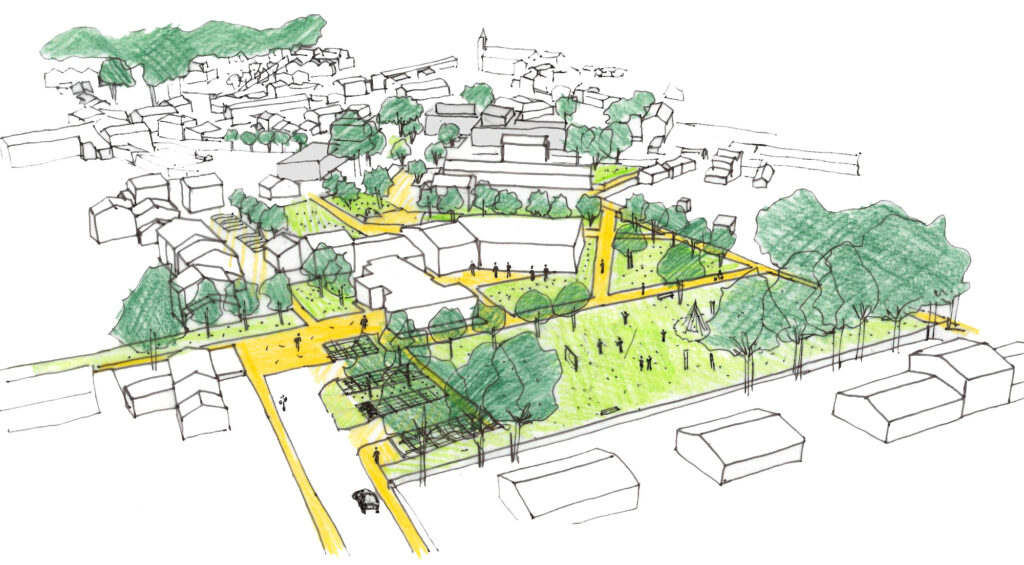 Axonométrie sur parc de la mairie, puis mail vert traversant le coeur de bourg, commerces et nouveaux quartiers